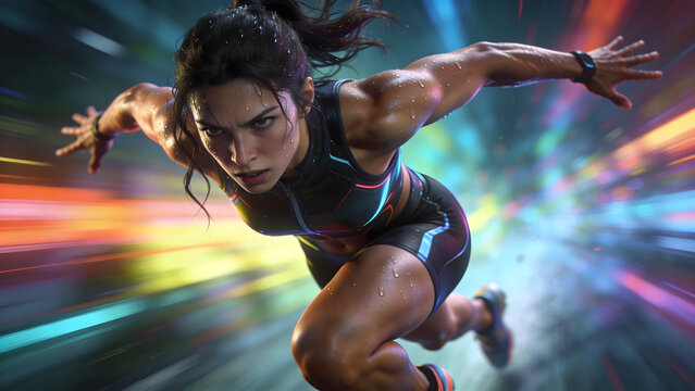 beautiful athletic woman with a determined expression and a strong muscular build running upwards with her arms outstretched and her legs bent in a dynamic pose, rendered in a highly detailed 3D style