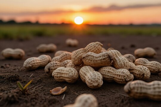 Peanuts rest on dark soil at sunset. The sun glows on horizon over field. Some nuts lie close to camera others farther away on brown earth.