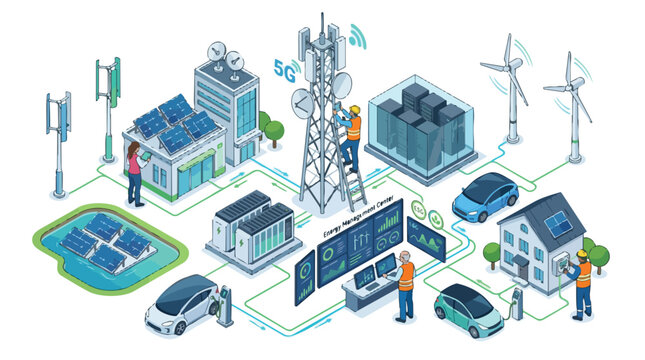 Smart grid energy management system with diverse renewable sources and 5G telecommunication infrastructure, featuring workers monitoring sustainable technology and electric vehicles
