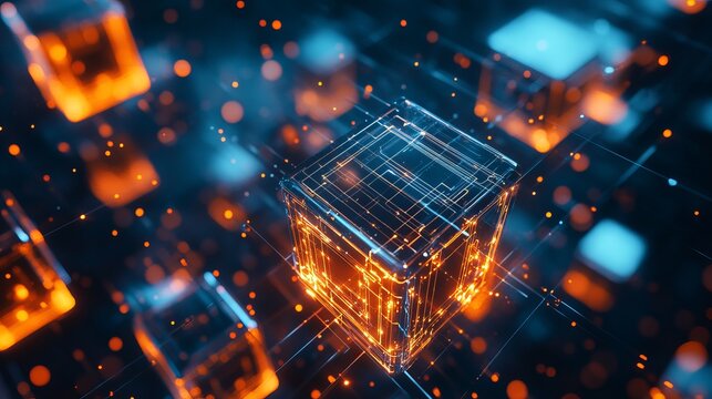 A futuristic digital cube glows with vibrant orange light in a dark technological background with blue accents and bokeh effects.