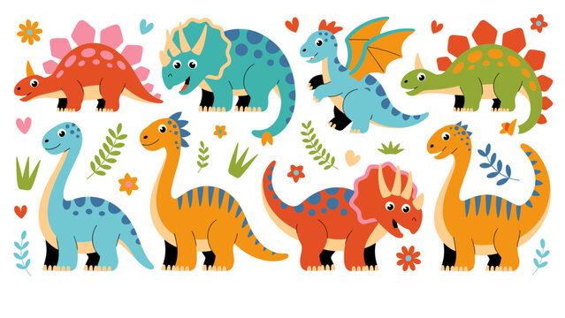 Cute Colorful dinosaur Cartoon Vector Set for Kids