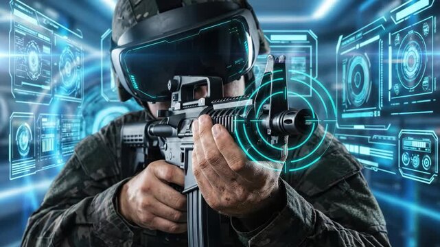 Security technology for national defense protection and safety with privacy intelligence authority and trust in futuristic tactical command room featuring soldier aiming rifle with visor