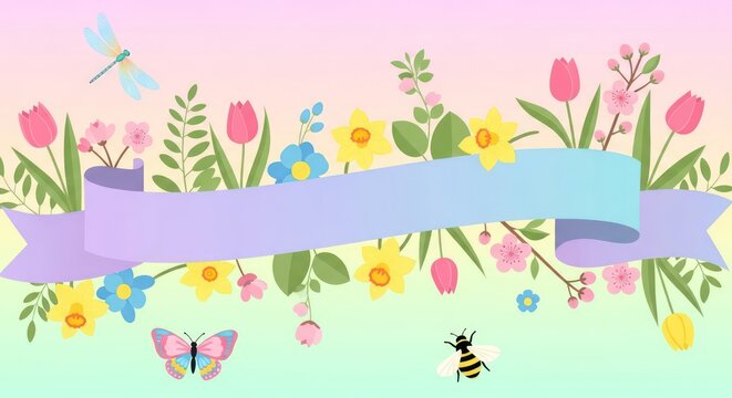 Springtime Floral Banner with Butterflies and Bee.
