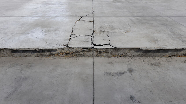 A close-up view of cracked concrete pavement showcasing structural damage and wear over time.