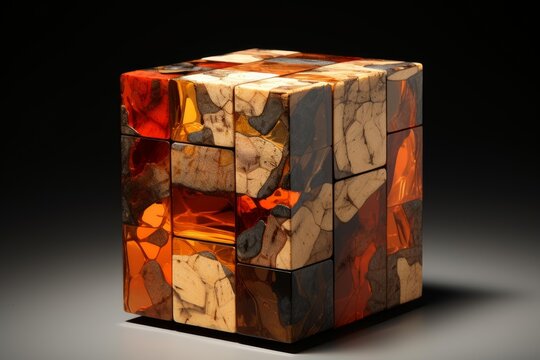 Abstract geometric cube featuring mosaic patterns of cracked wood and translucent amber resin