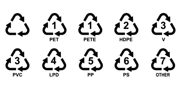 Plastic recycling code iconІ set. plastic recycling code symbol icon: PET, PETE, HDPE, V, PVC, LPD, PP, PS, OTHER