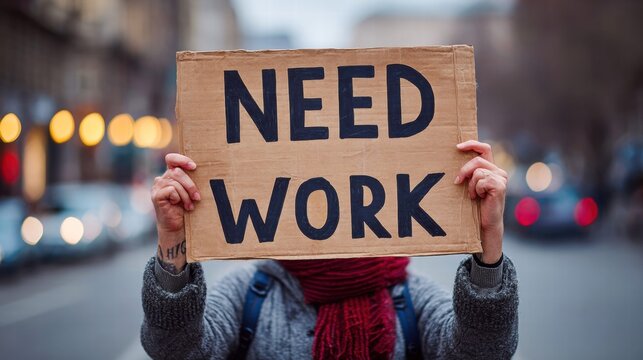 A person holding a Need Work sign is seen in the city, illustrating a call for employment.
