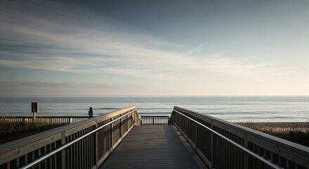 Fototapeta premium Serene coastal path to the expansive ocean horizon, inviting peaceful contemplation at sunrise or sunset