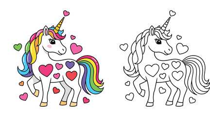 Cute Unicorn Coloring Page and Color Illustration for Kids, Fantasy Magic Horse with Rainbow Mane and Hearts, Vector Coloring Book Activity Page © MstAsia