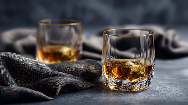 Close-up of whiskey glasses on a dark fabric background.