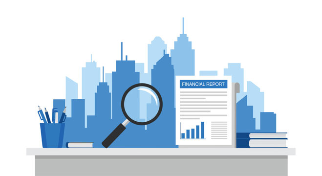 A professional business desk featuring a magnifying glass, financial report, and office supplies is set against a stylized blue city skyline background.