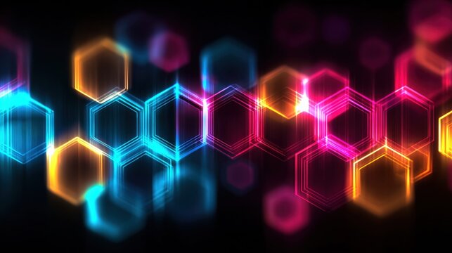 Vibrant neon hexagons create a stunning abstract digital design on a dark background.
