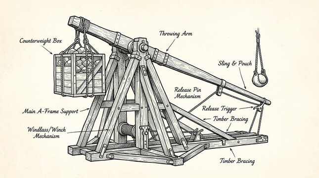 medieval trebuchet siege engine diagram with labeled parts