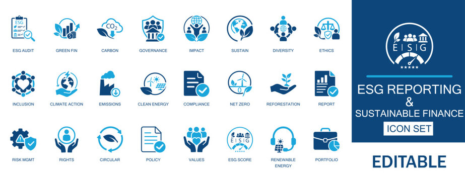 ESG reporting and sustainable finance icon set. Includes carbon offset, green investment, social, and ecology. Solid vector assets for corporate auditing and social impact.