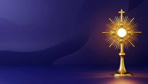 Radiant golden monstrance displaying the Holy Eucharist against a deep spiritual purple backdrop, symbolizing faith and divine presence
