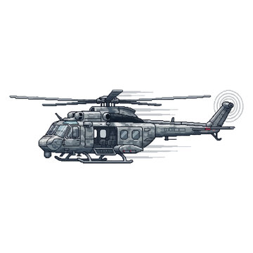 Pixel Art Vector Helicopter Military Assault Aircraft Flying