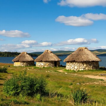 Three stone huts with thatched roofs sit near a lake. These primitive dwellings resemble ancient settlements. Green hills and blue sky form the background.