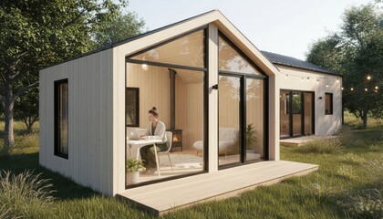 Fototapeta premium Modern Scandinavian ADU Housing Modern tiny house with large glass windows set in a natural, wooded environment during daylight.