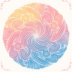 Fototapeta premium Abstract circular design with flowing wave patterns in a gradient of soft pastel colors, inspired by natural elements and batik art