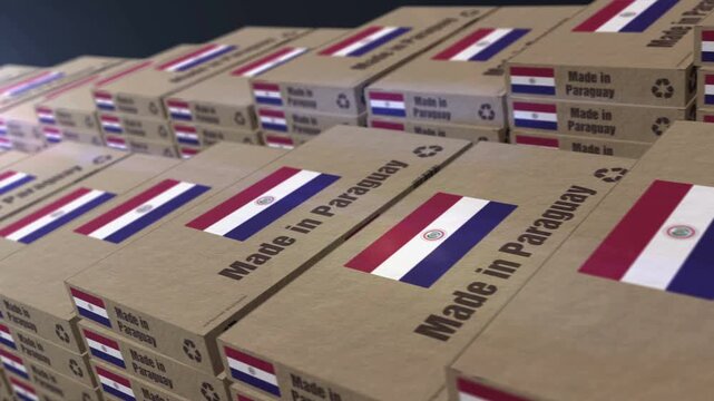 Made in Paraguay box production line. Paraguayan export import Cardboard pack factory. Abstract concept 3d loopable seamless.