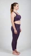 Obraz premium Full-body portrait of a confident woman in activewear showcasing her toned physique after successful breast augmentation, tummy tuck, and liposuction surgeries, isolated on a light background.