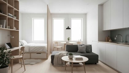 Fototapeta premium Modern Scandinavian ADU Housing Bright, modern studio apartment with a cozy living area, bed, workspace, and minimalist decor.