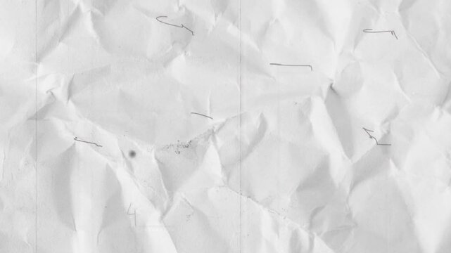 A crumpled white paper background with scattered black lines and dots.