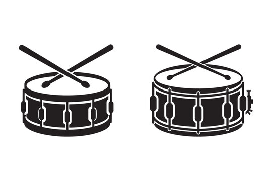 Snare Drum with Drumsticks Black and White Vector Icon, Percussion Instrument Silhouette