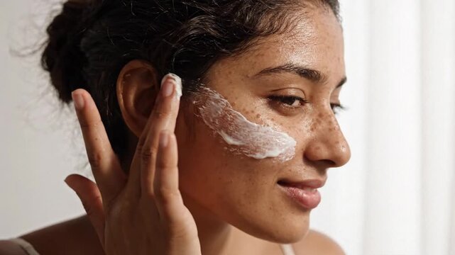 Serene woman applying white cosmetic cream to her freckled face in a bright, soft-lit room.