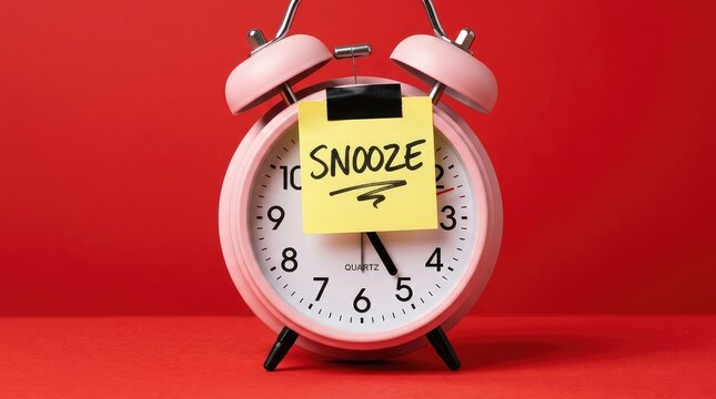 A pink alarm clock with a yellow sticky note saying snooze on a vibrant red background