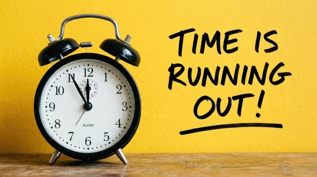 A vintage alarm clock sits on a wooden desk with the urgent message Time Is Running Out written on a vibrant yellow wall