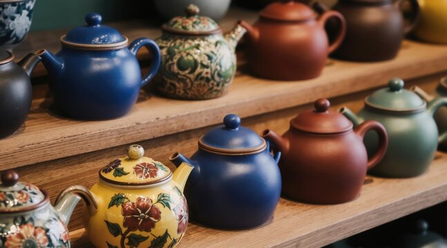 Variety ceramic teapots displayed on wooden shelves. Colorful earthenware jugs show patterns and designs. Artistic kitchenware collection for tea service and home decor.