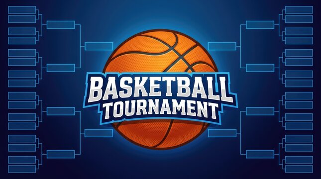 A detailed graphic illustration for a basketball tournament features an orange ball and a clear competition bracket on a blue background