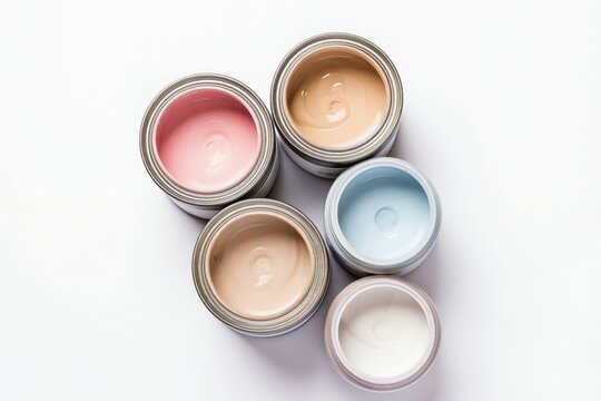 Group of open paint cans with pastel colors like pink, beige, light blue and white. Ready for interior home renovation project or creative craft. Tools for decorating walls.