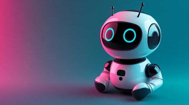 A small robot with glowing blue eyes sits on a colorful background with pink and blue hues