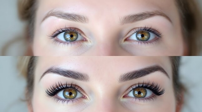 Split-screen before and after beauty treatment portrait of a woman's eyes, showing sparse eyebrows transformed into perfectly shaped full eyebrows and voluminous eyelashes.