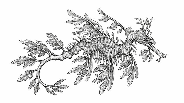 detailed black and white illustration of leafy sea dragon swimming underwater
