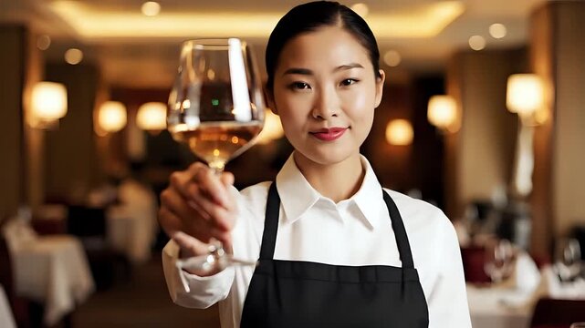 Young Asian waitress holding a glass of white wine in a restaurant.
