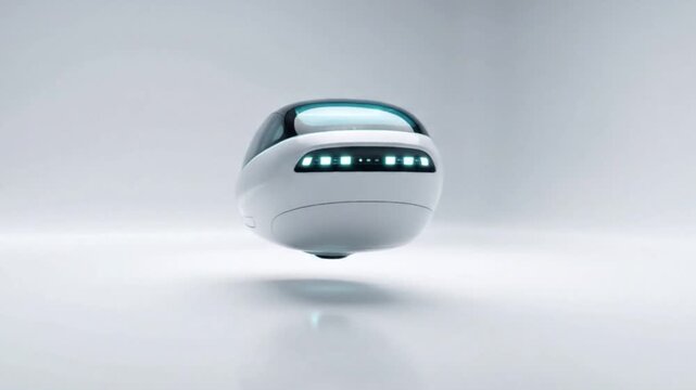 Minimal floating tech pod glowing in a futuristic studio environment