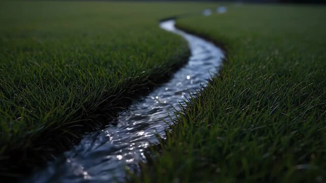 Cinematic Close Up of Clear Fresh Water Stream Winding and Flowing Through Lush Green Grass Meadow Under Bright Sunlight