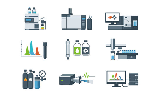 Set of flat vector icons representing chromatography laboratory instruments and processes including HPLC, gas chromatography, mass spectrometry, gas cylinders, chromatograms, and lab equipment.
