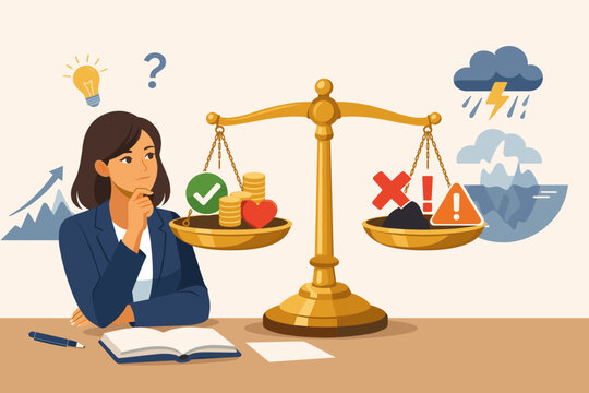 Businesswoman Weighing Pros and Cons on a Golden Scale, Concept of Decision Making, Risk Assessment, and Strategic Planning with Symbols of Success, Money, and Potential Business Challenges.