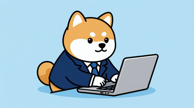 Cartoon dog in suit works on laptop computer. Cute pet animal types on keyboard in office. Business concept illustration with cheerful dog character.