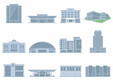 A collection of various modern building designs and architectural styles in a clean and minimalist illustration.