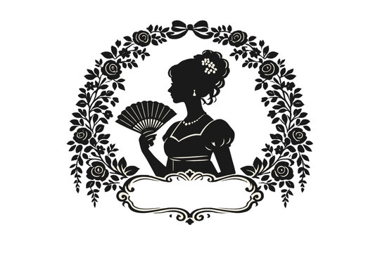 Elegant Regency Era Woman Silhouette with a Fan in a Floral Arch Frame, Vintage Victorian Style Design with Roses and Decorative Label, Classic Period Drama Inspired Vector Illustration