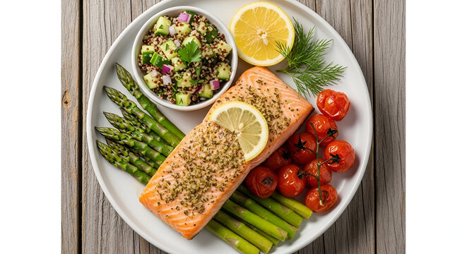Grilled salmon with vegetables and quinoa.
