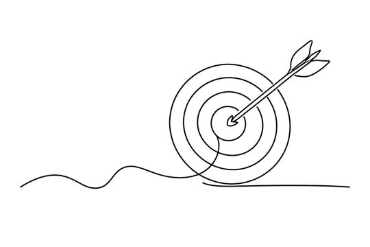 Minimalist continuous line drawing of an arrow hitting the bullseye of a target, symbolizing success, goal achievement, business strategy, precision, and focus on a clean white background.