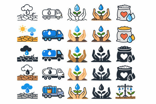 Drought Relief and Water Conservation Icon Set Featuring Tanker Trucks, Cracked Earth, Hands Protecting Sprouts, Irrigation, and Food Aid Bags for Humanitarian Aid and Environmental Awareness.