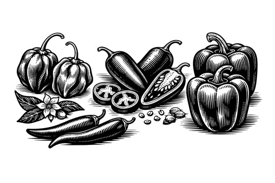 Vintage woodcut illustration of chili pepper varieties including habanero, jalapeno, and bell peppers with slices and seeds, hand-drawn engraving style for organic food and spice packaging.