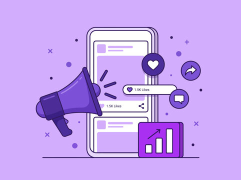 A smartphone with a megaphone is shown surrounded by social media icons and symbols on a purple background.